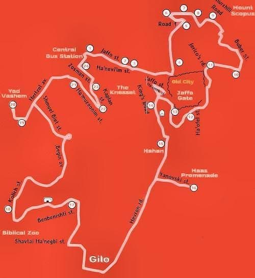 Jeruzalem Hop On Hop Off-bus tournees kaart